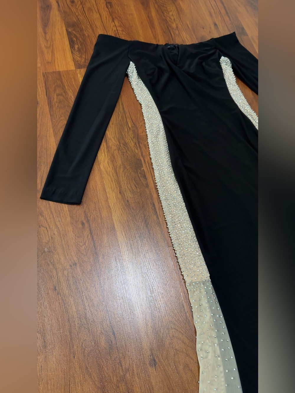 Xscape Black Off-Shoulder Long Sleeve Gown Crystal Embellishment Side Panels - Picture 8 of 16